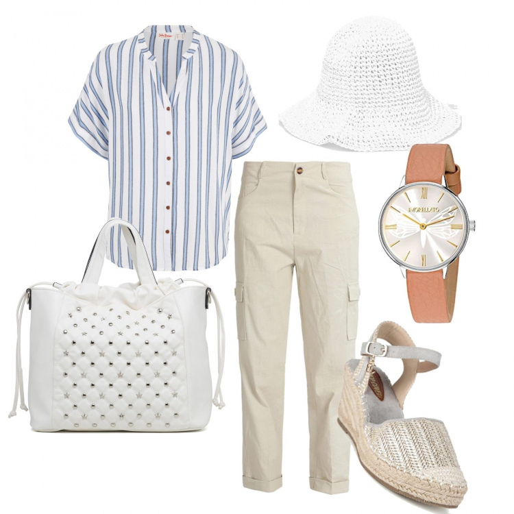 Outfit donna - Stile casual avanzato. Stile Casual chic per Tutti i giorni. Abbinamento con camicie, sandali col tacco, pantaloni, cappelli con visiera, borse a mano, orologi analogici.