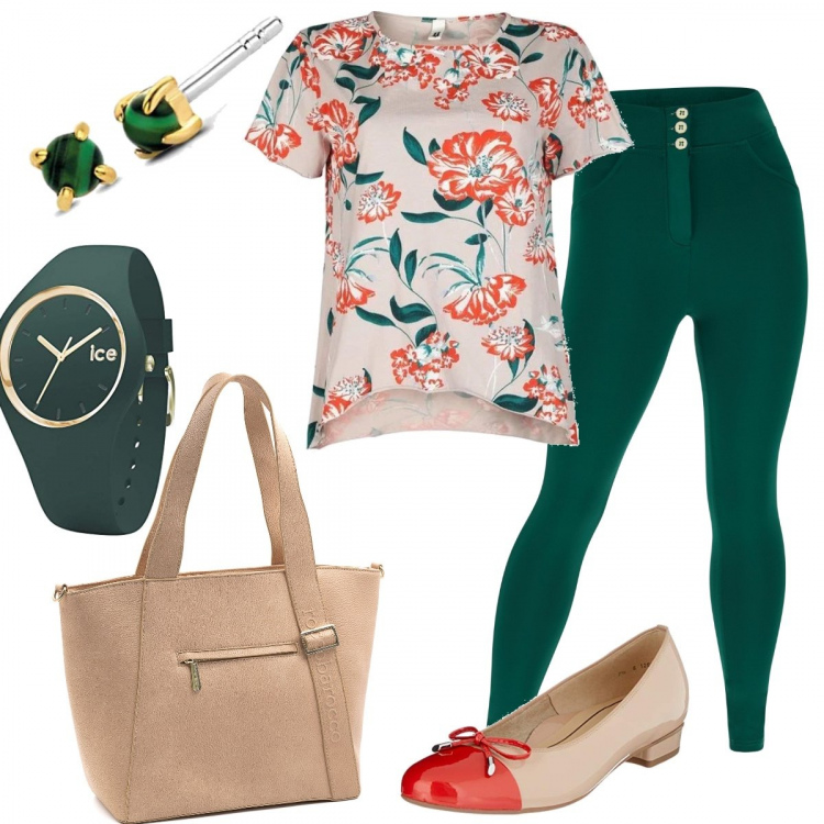 Outfit donna - A spasso. Stile Casual per Tutti i giorni. Abbinamento con t-shirt, shopping bag, pantaloni skinny, orologi, ballerine, orecchini.