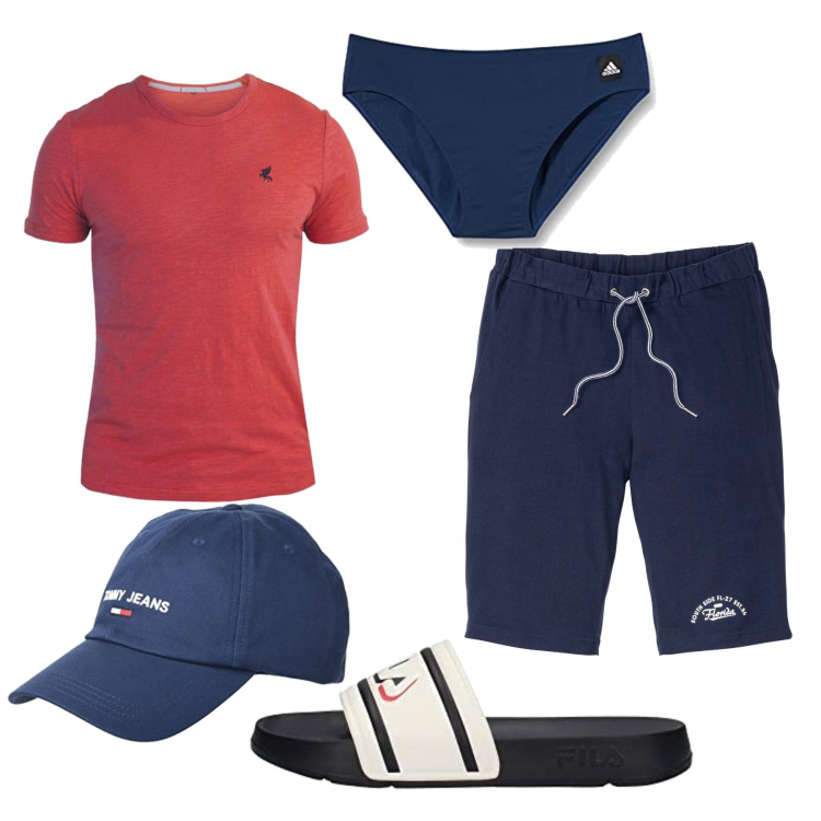 Outfit uomo - Porta bene. Stile Urban per Mare. Abbinamento con bermuda, t-shirt, cappelli con visiera, costumi, scarpe stringate.