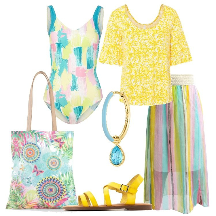 Outfit donna - Finalmente al mare. Stile Romantica per Mare. Abbinamento con costumi interi, maglieria, shopping bag, gonne lunghe, infradito, orecchini.