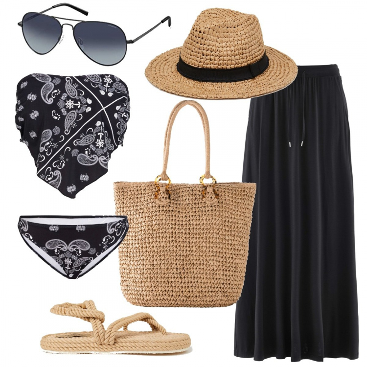Outfit donna - Bikini bandana. Stile Boho per Mare. Abbinamento con gonne, costumi interi, shopping bag, infradito, cappelli con visiera, occhiali da sole.