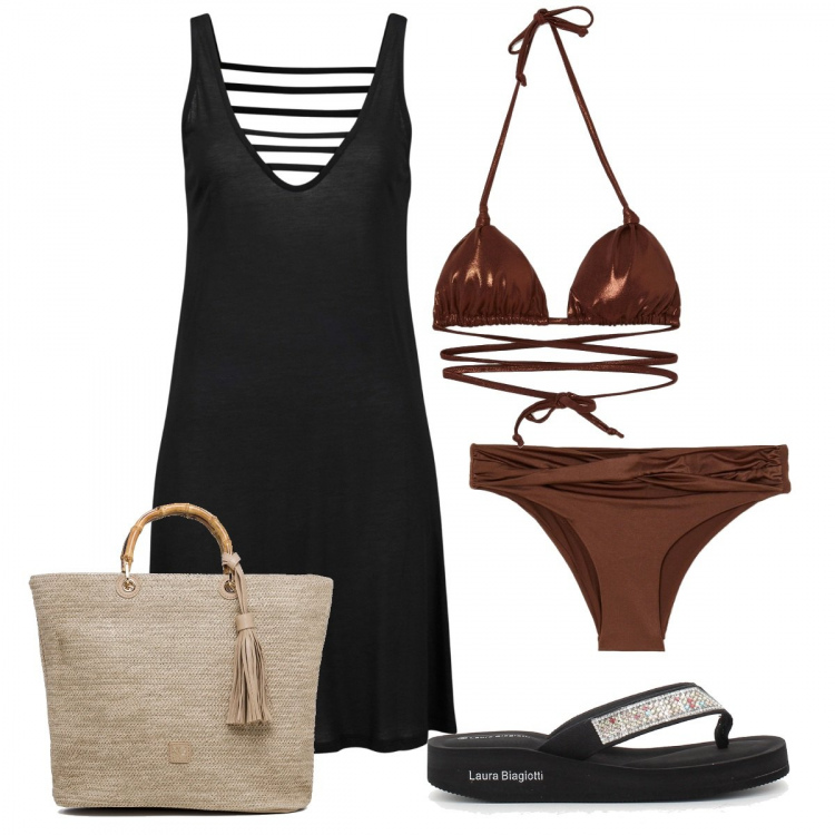 Outfit donna - Il costume trendy. Stile Casual chic per Mare. Abbinamento con vestiti da spiaggia, bikini, bikini, infradito, borse a mano.