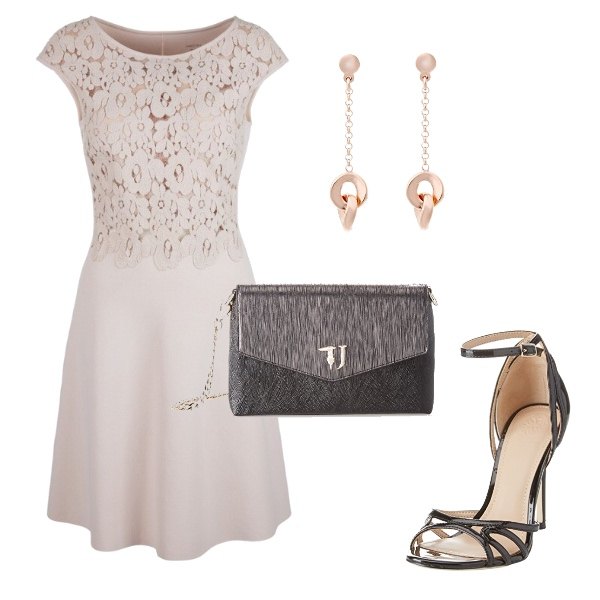 Outfit donna - Approfitta dell’ Amazon Prime Day!!!!. Stile Chic per Cerimonia. Abbinamento con vestito beige, vestito, borsa a tracolla rosso e nero, orecchini in argento 925.