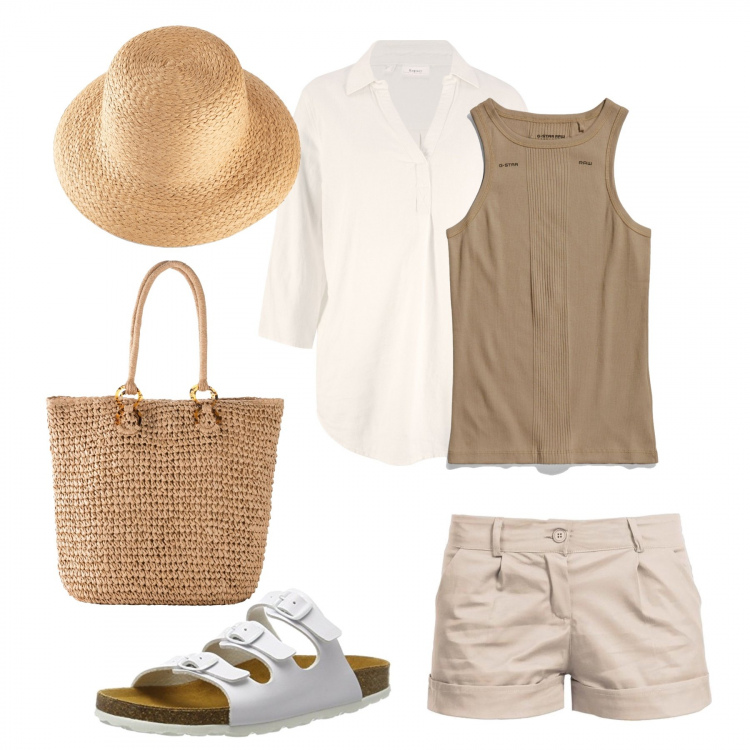 Outfit donna - Al mare con colori neutri. Stile Casual chic per Mare. Abbinamento con bluse, shopping bag, cappelli, shorts, canottiere, sabot.