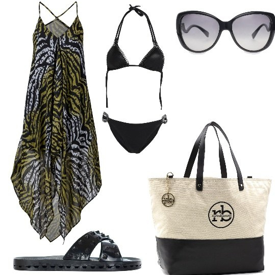 Outfit donna - Al mare nero leopardato. Stile Trendy per Mare. Abbinamento con vestiti da spiaggia, bikini, ciabatte, occhiali da sole, shopping bag.