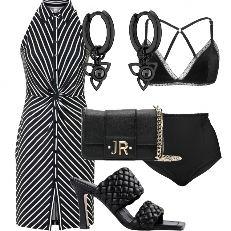 Outfit donna - Serata perfetta. Stile Sexy per Serata fuori. Abbinamento con culotte, vestiti, reggiseni, sandali col tacco, borse a tracolla, orecchini.