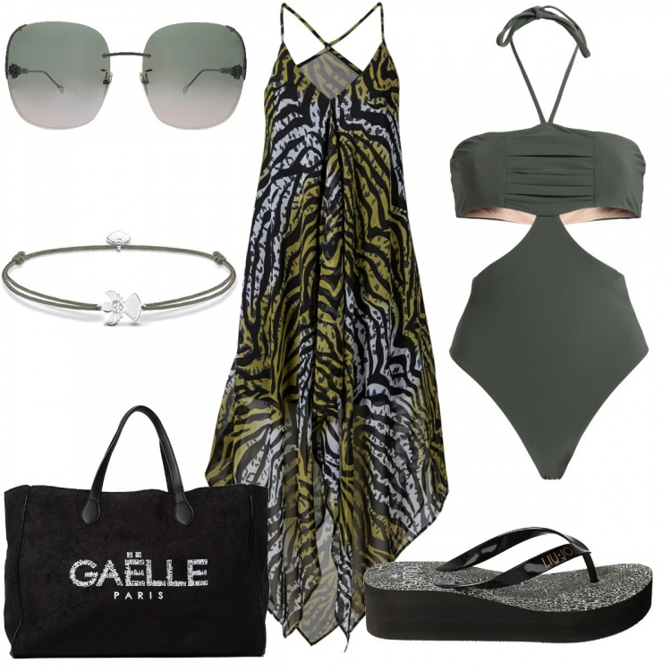 Outfit donna - Mare in verde militare. Stile Basic per Mare. Abbinamento con vestiti da spiaggia, costumi interi, infradito, shopping bag, occhiali da sole, braccialetti.
