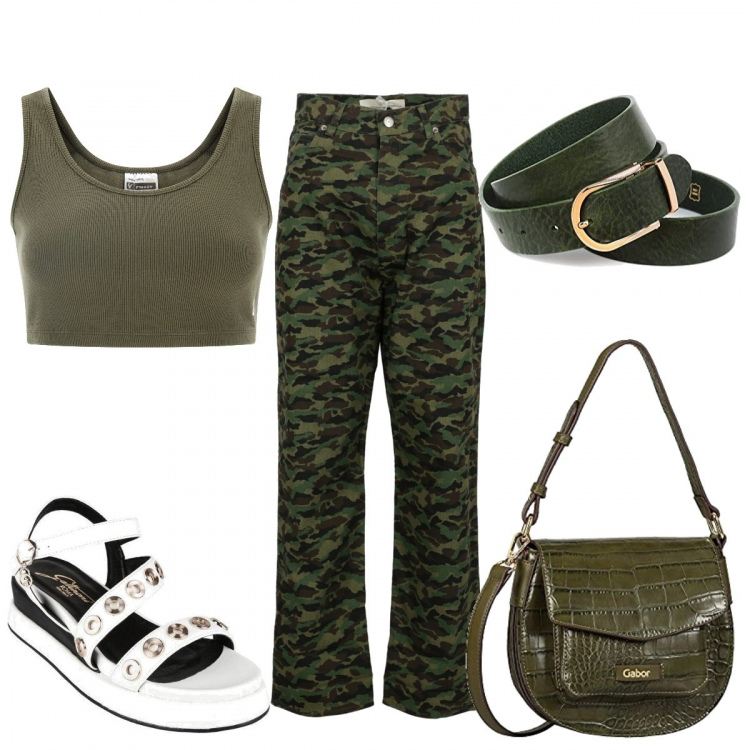 Outfit donna - Una Tipa tosta. Stile Military per Tutti i giorni. Abbinamento con sandali in pelle, pantaloni, top, borse a tracolla, cinture.