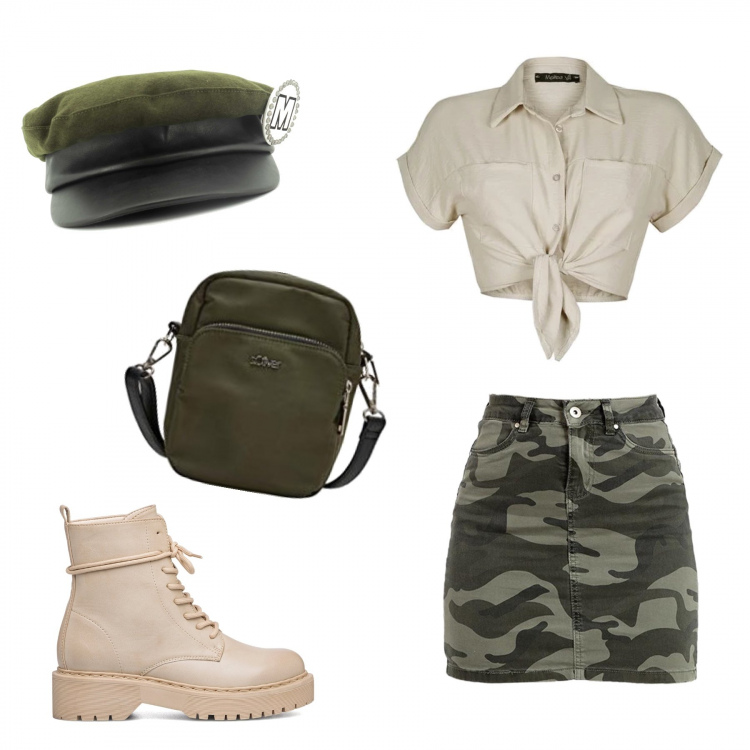 Outfit donna - Militare al femminile. Stile Military per Tutti i giorni. Abbinamento con minigonne, camicie a manica corta, cappelli, anfibi, borse a cartella.