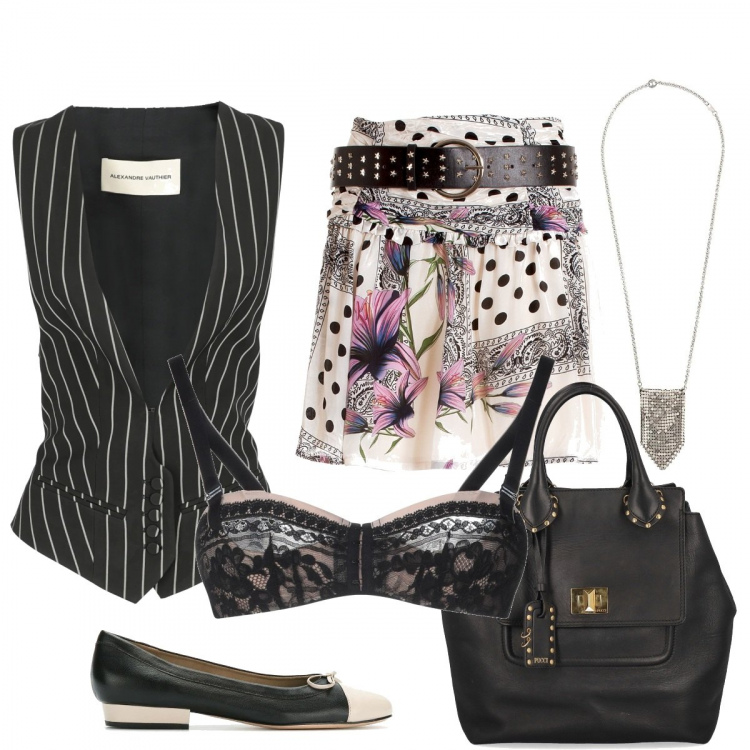 Outfit donna - Mix and match. Stile Trendy per Serata fuori. Abbinamento con reggiseni, gonne, blazer, borse a mano, collane, ballerine.