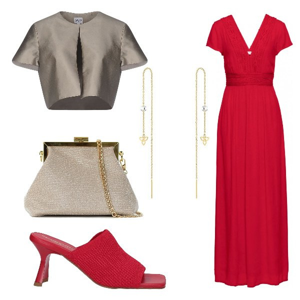 Outfit donna - Total look #1357498. Stile Chic per Cerimonia. Abbinamento con vestiti lunghi, blazer, sandali in pelle, pochette, orecchini.