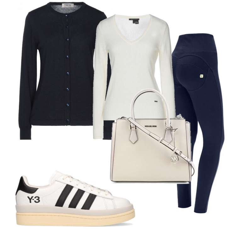 Outfit donna - Sneakers bianca con righe nere. Stile Casual per Tutti i giorni. Abbinamento con cardigans, pullovers, pantaloni skinny, borse a tracolla, sneakers.