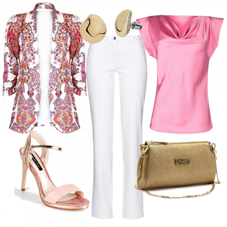Outfit donna - Blazer originale. Stile Chic per Cerimonia. Abbinamento con pantaloni, blazer, bluse, sandali in pelle, pochette, orecchini.