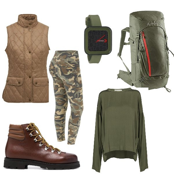Outfit donna - Pronti per la montagna. Stile Sporty chic per Sport. Abbinamento con camicie, stivali, pantaloni skinny, gilet, orologi digitali, zaini.