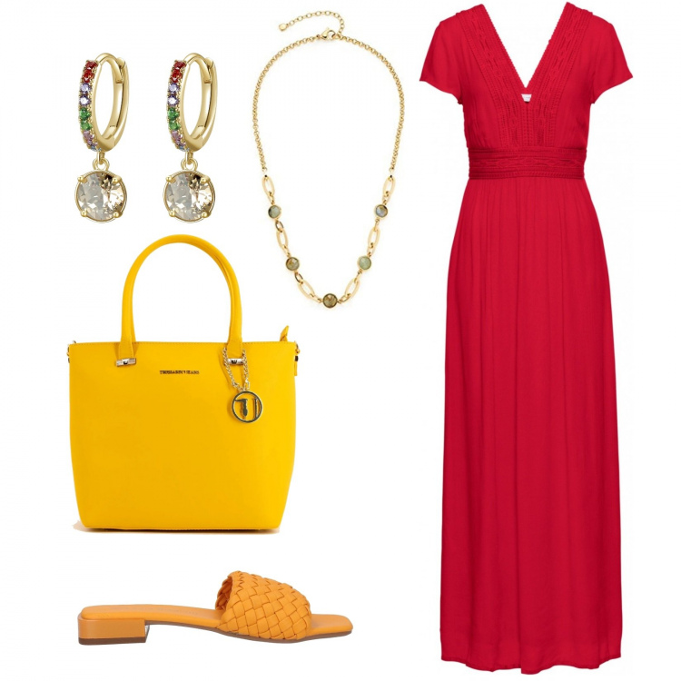 Outfit donna - Vitamine. Stile Casual chic per Serata fuori. Abbinamento con vestiti lunghi, sandali, borse a mano, orecchini, collane.