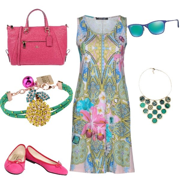 Outfit donna - Sushi e wasabi a pranzo. Stile Trendy per Tutti i giorni. Abbinamento con vestito corto a trapezio fantasia floreale collo tondo senza maniche interno sfoderato jersey, ballerine con punta tonda pianta stretta tinta unita, borsa a mano in pelle martellata taglia media con zip interno foderato tinta unita, bracciale con strass, occhiali da sole, collana verde.