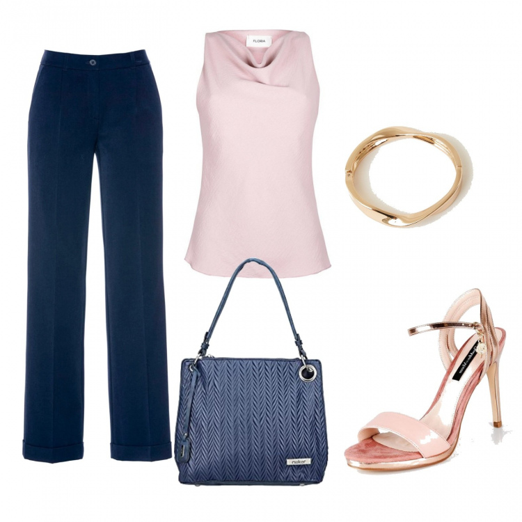 Outfit donna - Classy rosa e blu (vegan ok). Stile Chic per Ufficio. Abbinamento con pantaloni, top, sandali in pelle, braccialetti, shopping bag.
