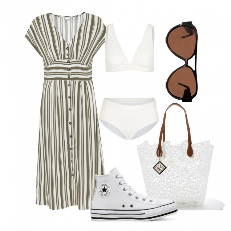 Outfit donna - Vamos a la plaja. Stile Trendy per Mare. Abbinamento con vestiti, bikini, sneakers alte, occhiali da sole, borse a mano.