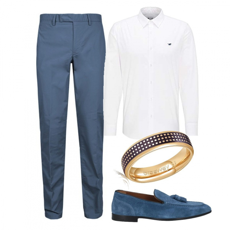 Outfit uomo - In ufficio. Stile Business/Elegante per Ufficio. Abbinamento con pantaloni chino, anelli, scarpe stringate, camicie.