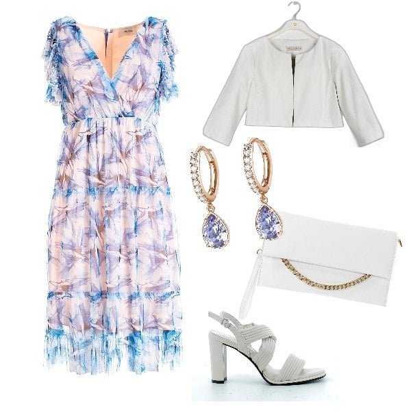 Outfit donna - Total look #1358405. Stile Romantica per Serata fuori. Abbinamento con pochette, vestiti midi/longuette, orecchini, blazer, sandali in pelle.