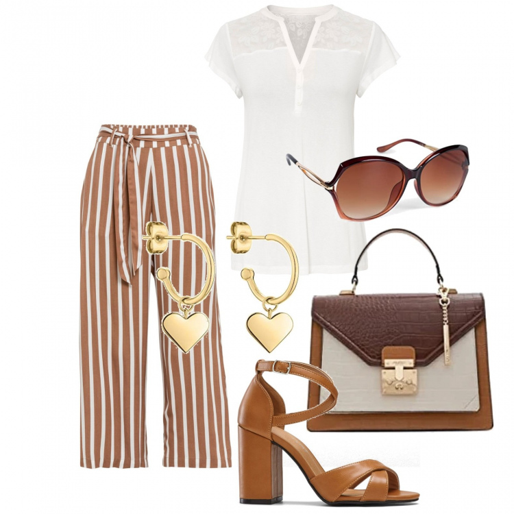 Outfit donna - In ufficio col caldo. Stile Trendy per Ufficio. Abbinamento con maglieria, pantaloni, sandali col tacco, borse a mano, orecchini, occhiali da sole.