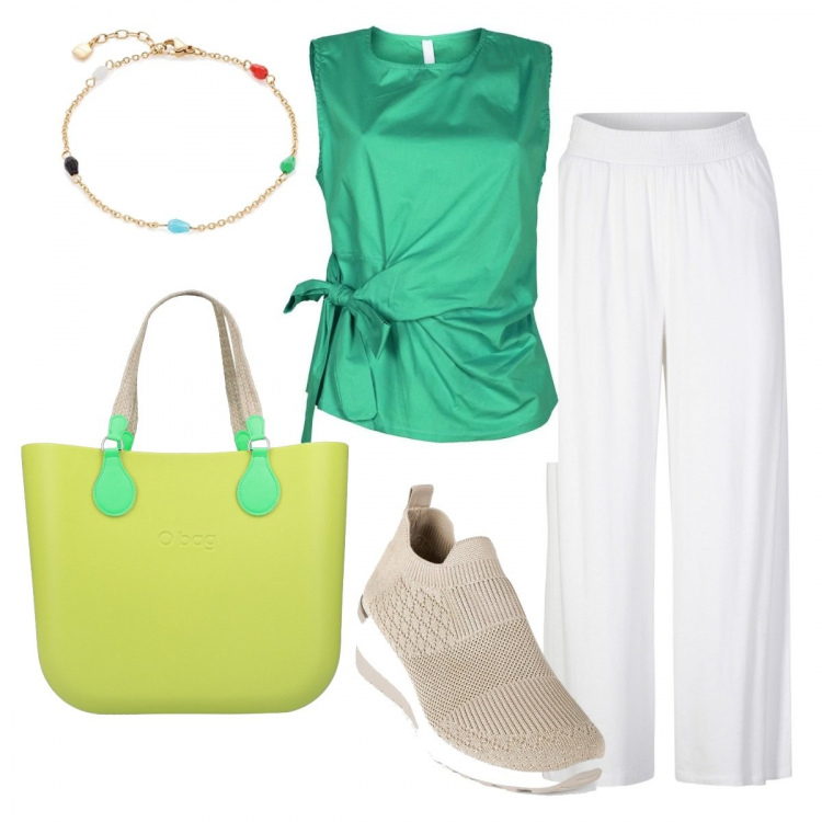 Outfit donna - Fluo in città. Stile Urban per Tutti i giorni. Abbinamento con pantaloni, borse a mano, top, sneakers, braccialetti.