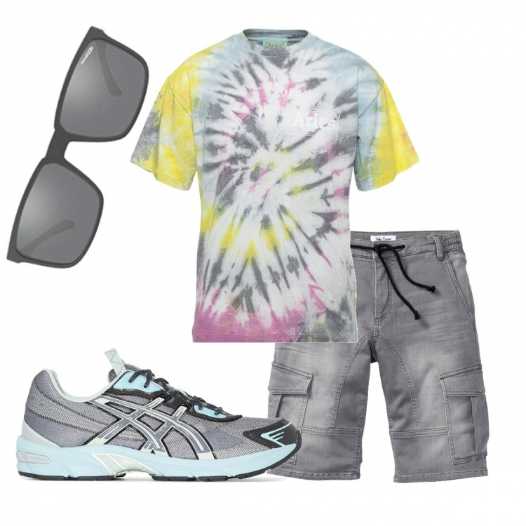 Outfit uomo - Casual #12427. Stile Casual per Tutti i giorni. Abbinamento con bermuda, t-shirt, sneakers, occhiali da sole.