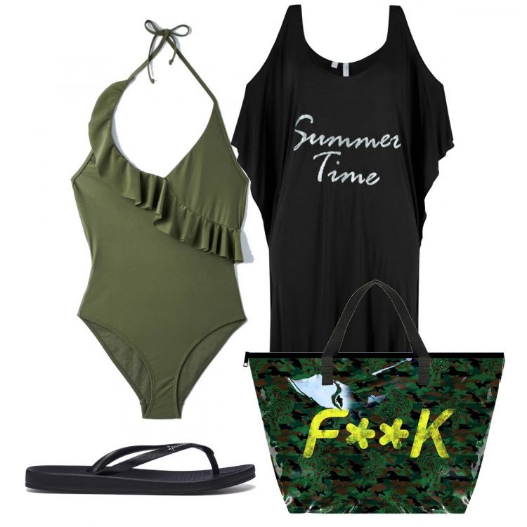 Outfit donna - Military #357. Stile Military per Mare. Abbinamento con vestiti da spiaggia, costumi interi, shopping bag, infradito.