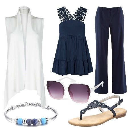 Outfit donna - Un gilet come piace a te. Stile Glamour per Tutti i giorni. Abbinamento con pantaloni, top, gilet, braccialetti, sandali, occhiali da sole.