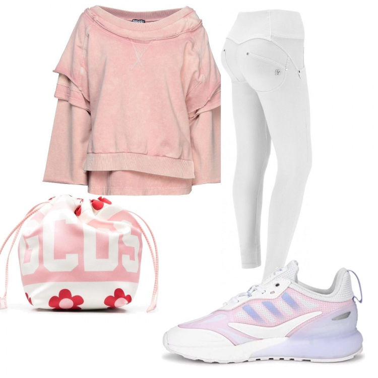 Outfit donna - Sneakers lilla. Stile Basic per Tutti i giorni. Abbinamento con felpe, pantaloni skinny, borse a secchiello, sneakers.