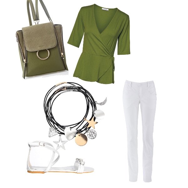 Outfit donna - Every day. Stile Urban Abbinamento con pantaloni, felpe, borsa a tracolla verde e oliva, blusa wrap a maniche corte verde, sandali con cinturino interno in tessuto in pelle sintetica.