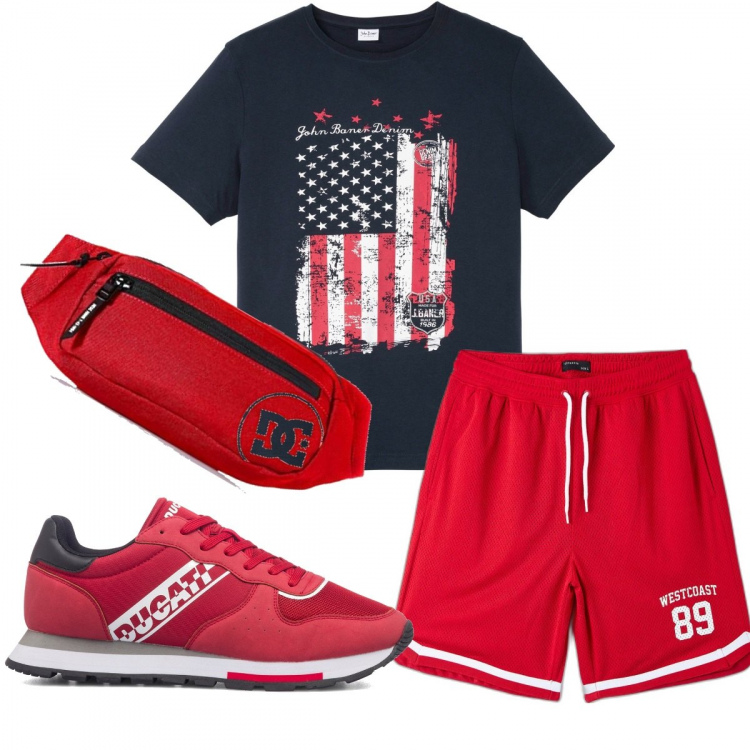 Outfit uomo - Casual #12452. Stile Casual per Sport. Abbinamento con t-shirt, pantaloni corti, sneakers, portachiavi.