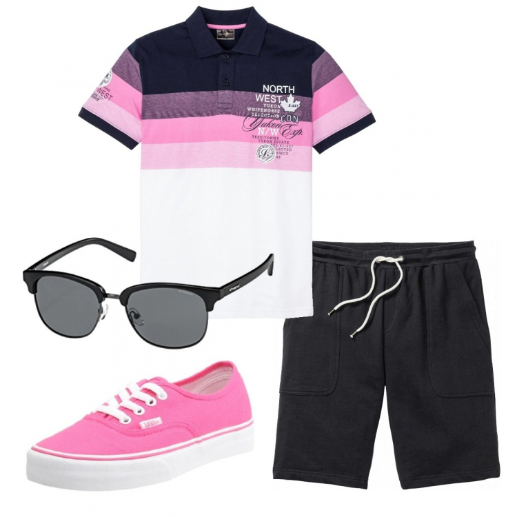 Outfit uomo - Casual #12454. Stile Casual per Sport. Abbinamento con polo, bermuda, occhiali da sole, sneakers.