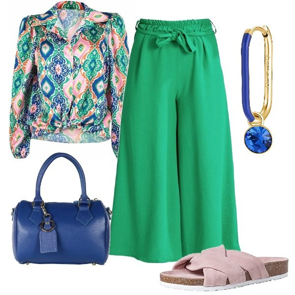 Outfit donna - Aperitivo multicolor. Stile Glamour per Tutti i giorni. Abbinamento con pantaloni culotte, camicie, borse a mano, orecchini, ciabatte.