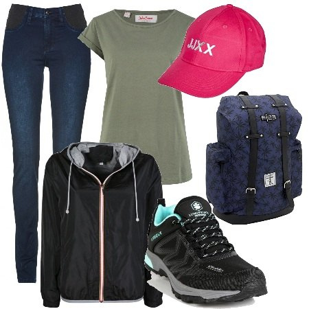 Outfit donna - Andiamo in montagna. Stile Casual per Tutti i giorni. Abbinamento con jeans, maglieria, scarpe col tacco, giacche, zaini, cappelli con visiera.