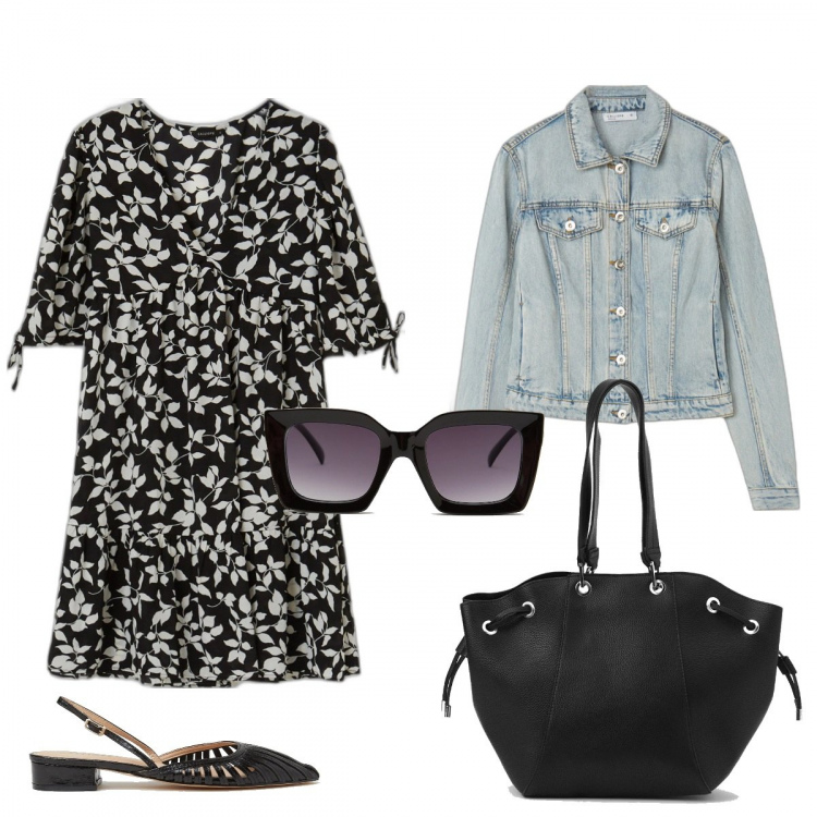 Outfit donna - Saldi d\'estate Calliope. Stile Casual per Tutti i giorni. Abbinamento con vestiti corti, occhiali da sole, borse a secchiello, sandali, giacche.