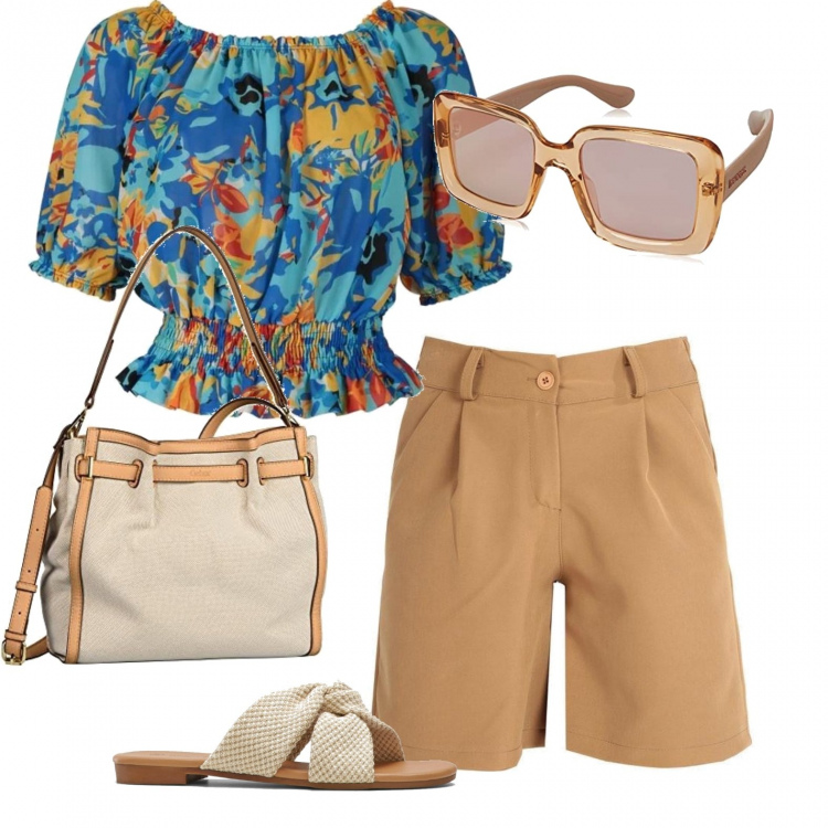 Outfit donna - Sabato pomeriggio. Stile Casual per Tutti i giorni. Abbinamento con ciabatte, shorts, top, borse a spalla, occhiali da sole.