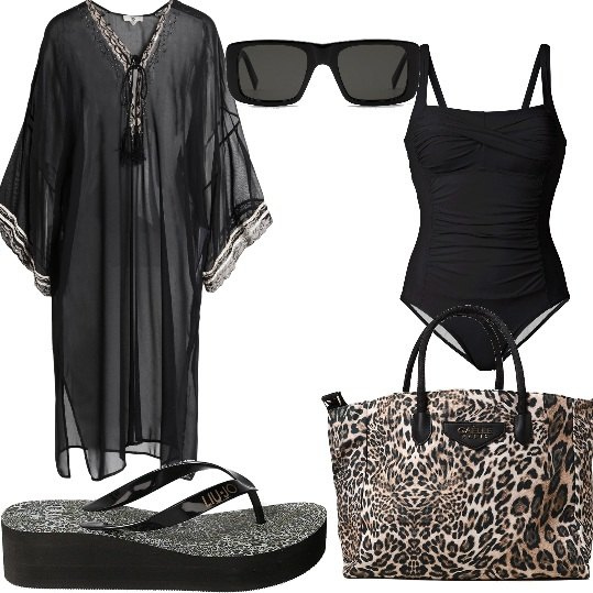 Outfit donna - Al mare in chic nero. Stile Chic per Mare. Abbinamento con costumi interi, vestiti da spiaggia, shopping bag, infradito, occhiali da sole.