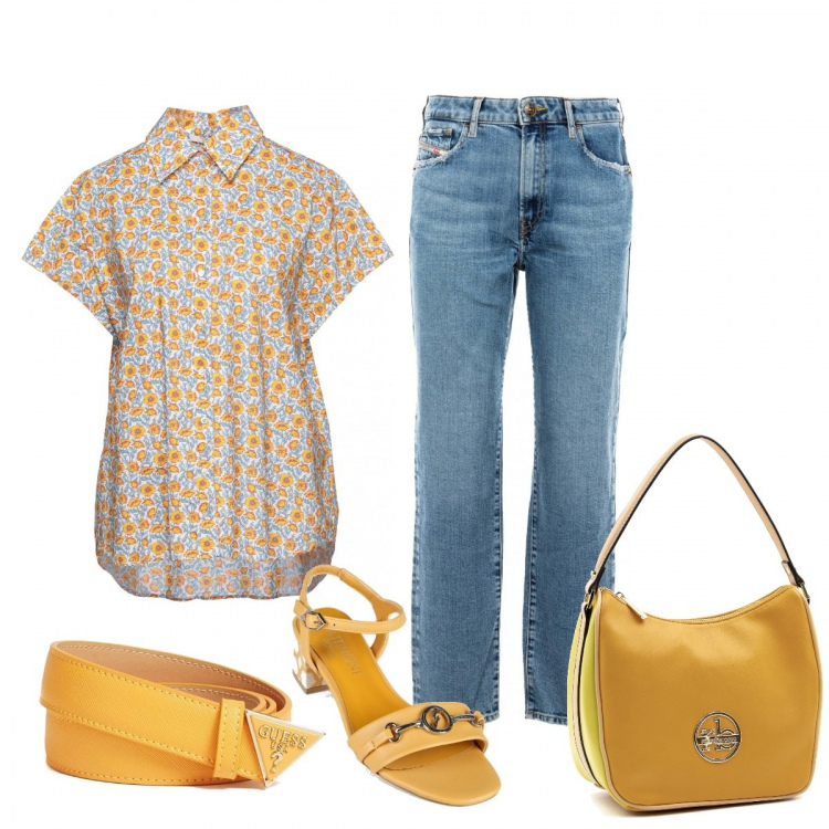 Outfit donna - Tutti i giorni. Stile Casual per Tutti i giorni. Abbinamento con camicie a manica corta, sandali in pelle, cinture, jeans, borse a spalla.