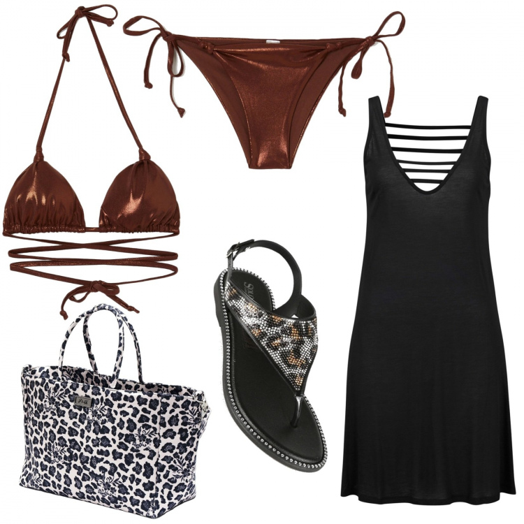 Outfit donna - Dettagli animalier. Stile Glamour per Mare. Abbinamento con vestiti da spiaggia, infradito, borse a mano, bikini, bikini.