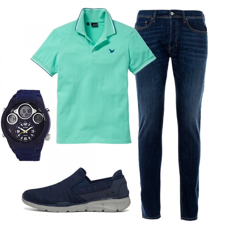 Outfit uomo - Casual #12513. Stile Casual per Ufficio. Abbinamento con polo, jeans dritti, sneakers, orologi.