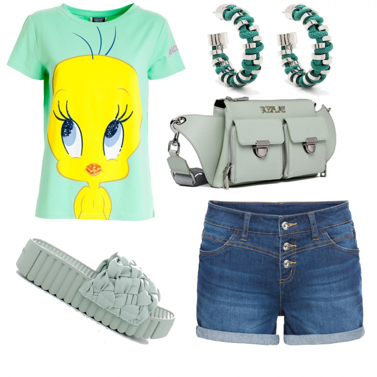 Outfit donna - Mi è semblato di vedere un gatto!. Stile Casual per Tutti i giorni. Abbinamento con shorts, t-shirt, orecchini, infradito, marsupi.
