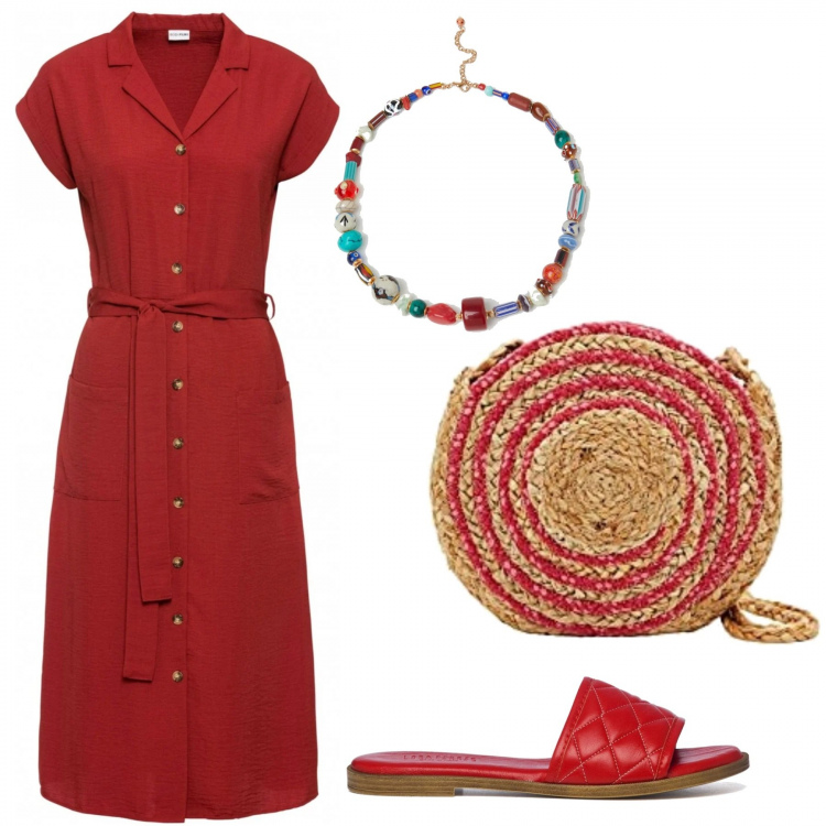 Outfit donna - Curvy in rosso di giorno. Stile Trendy per Tutti i giorni. Abbinamento con vestiti, collane, sandali in pelle, borse a tracolla.