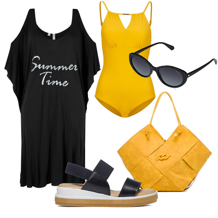 Outfit donna - Total look #1359900. Stile Basic per Mare. Abbinamento con vestiti da spiaggia, costumi interi, sandali in pelle, borse a spalla, occhiali da sole.