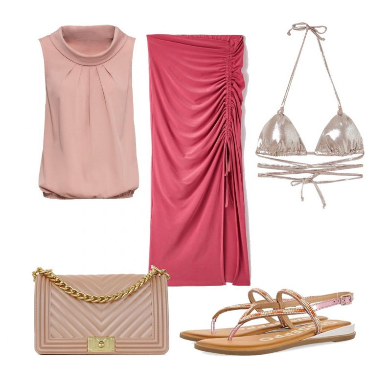 Outfit donna - Al mare con Barbie. Stile Trendy per Mare. Abbinamento con top, gonne lunghe, borse a tracolla, bikini, sandali in pelle.