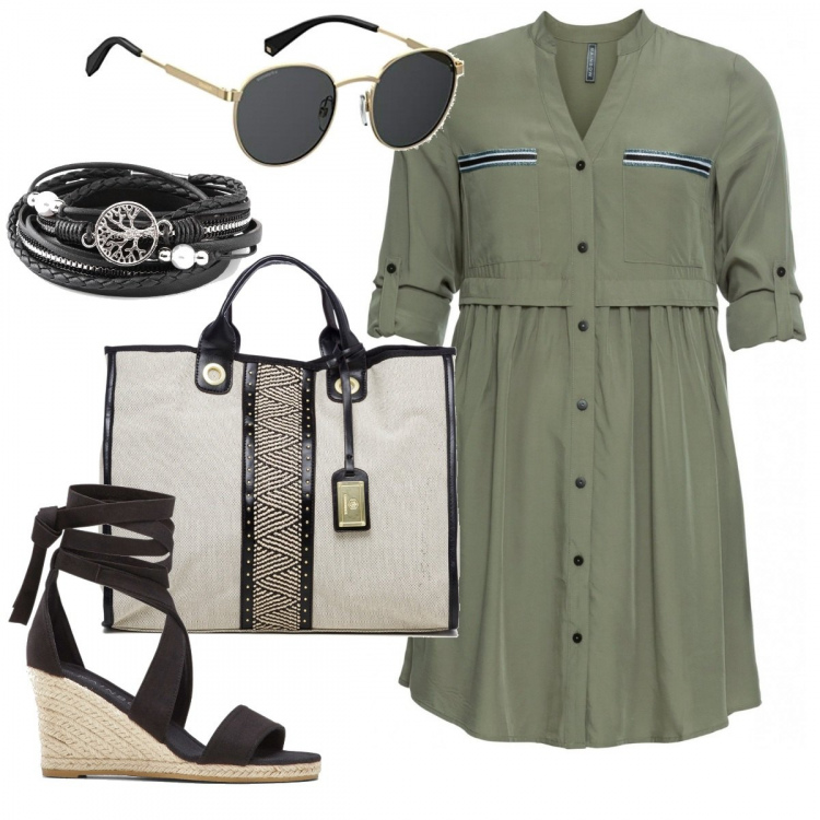 Outfit donna - Abito chemisier. Stile Military per Ufficio. Abbinamento con vestiti chemisier, braccialetti, sandali, borse a mano, occhiali da sole.