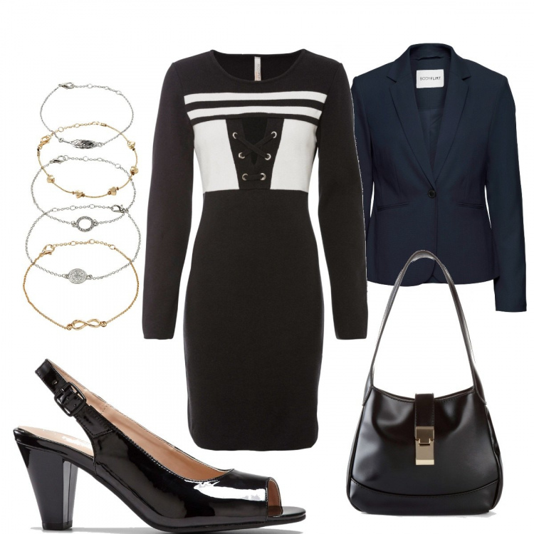 Outfit donna - Bon Prix Summer party : in ufficio. Stile Chic per Ufficio. Abbinamento con blazer, braccialetti con ciondoli, vestiti, décolleté, borse a mano.