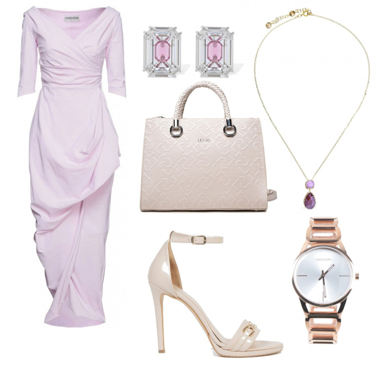 Outfit donna - Total look #1360365. Stile Glamour per Cerimonia. Abbinamento con vestiti lunghi, orologi, borse a mano, sandali in pelle, orecchini, collane.