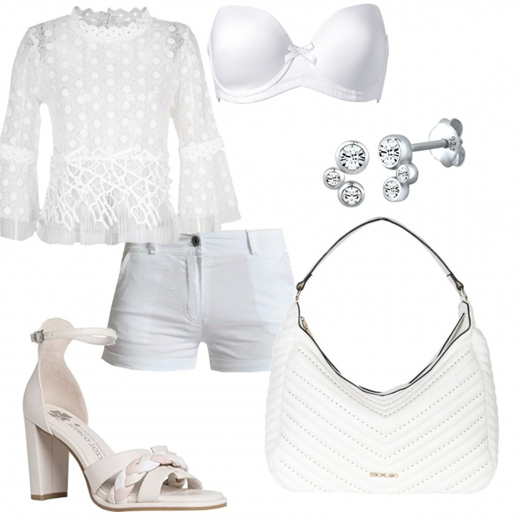 Outfit donna - Blusa in pizzo e tulle e short bianco. Stile Casual chic per Serata fuori. Abbinamento con reggiseni, bluse, borse a spalla, shorts, sandali col tacco, orecchini.