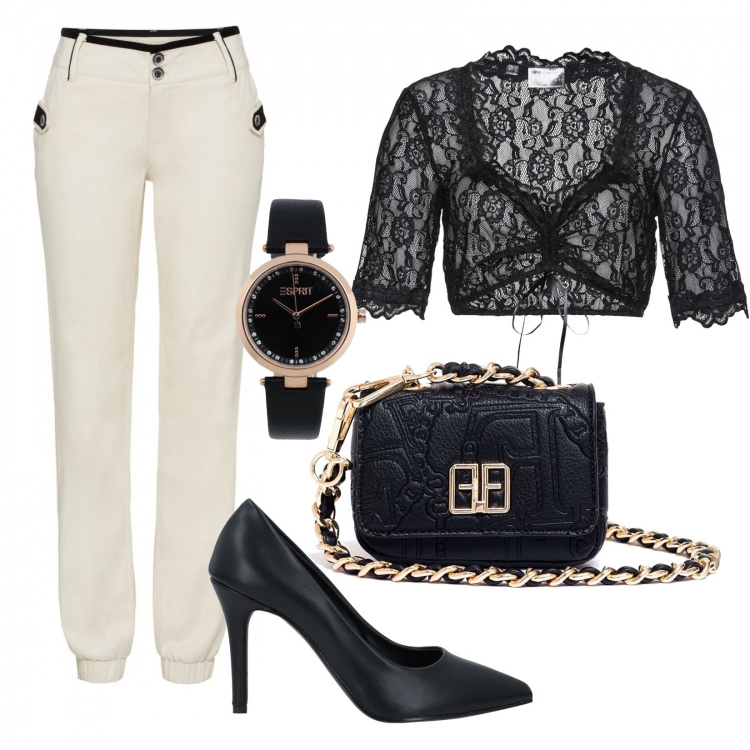 Outfit donna - Serata fuori con pizzo. Stile Chic per Serata fuori. Abbinamento con orologi, décolleté, camicie, pantaloni, marsupi.